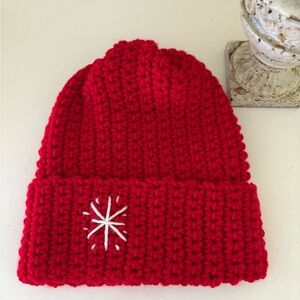 Red Handmade Hat with White Snowflake Design